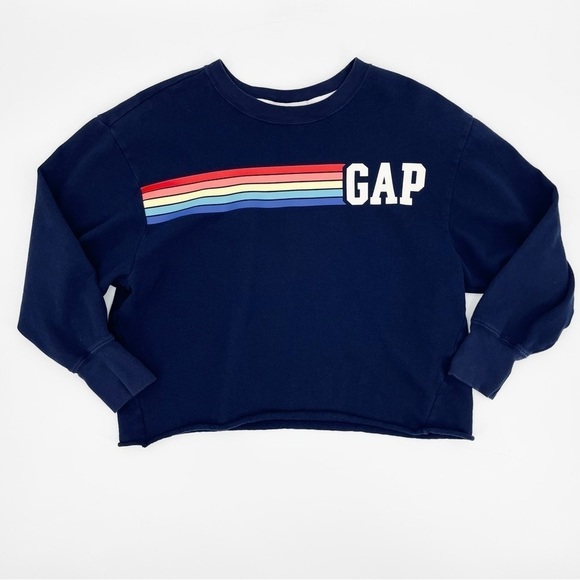 Gap Cropped Rainbow Striped Navy Sweatshirt - Picture 1 of 7